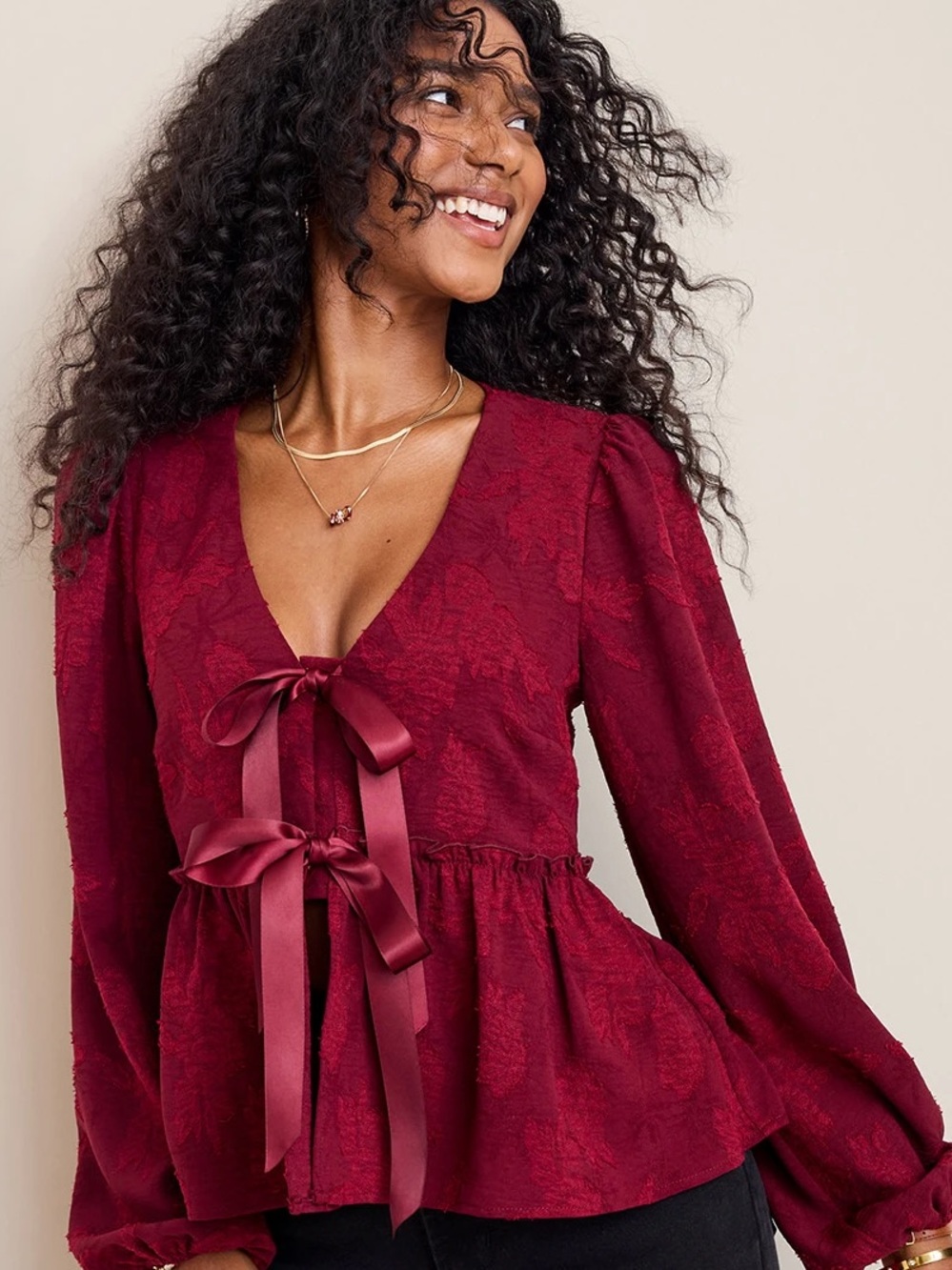 Trixxi Burgundy Lace Tie-Front Peplum Top